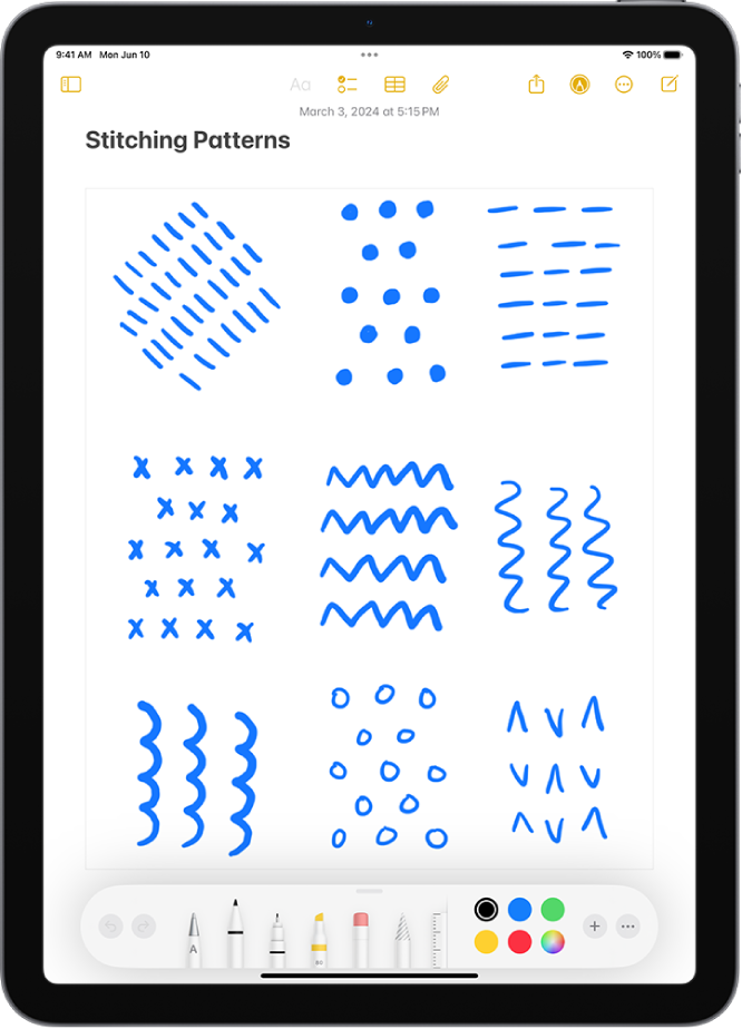 A note is open in the Notes app, and the Markup toolbar is open at the bottom of the screen. The Markup tools from left to right are: the Pen, Mono line, Marker, Eraser, Lasso, Ruler, and Pencil, followed by color buttons, the Add button, and the More button.