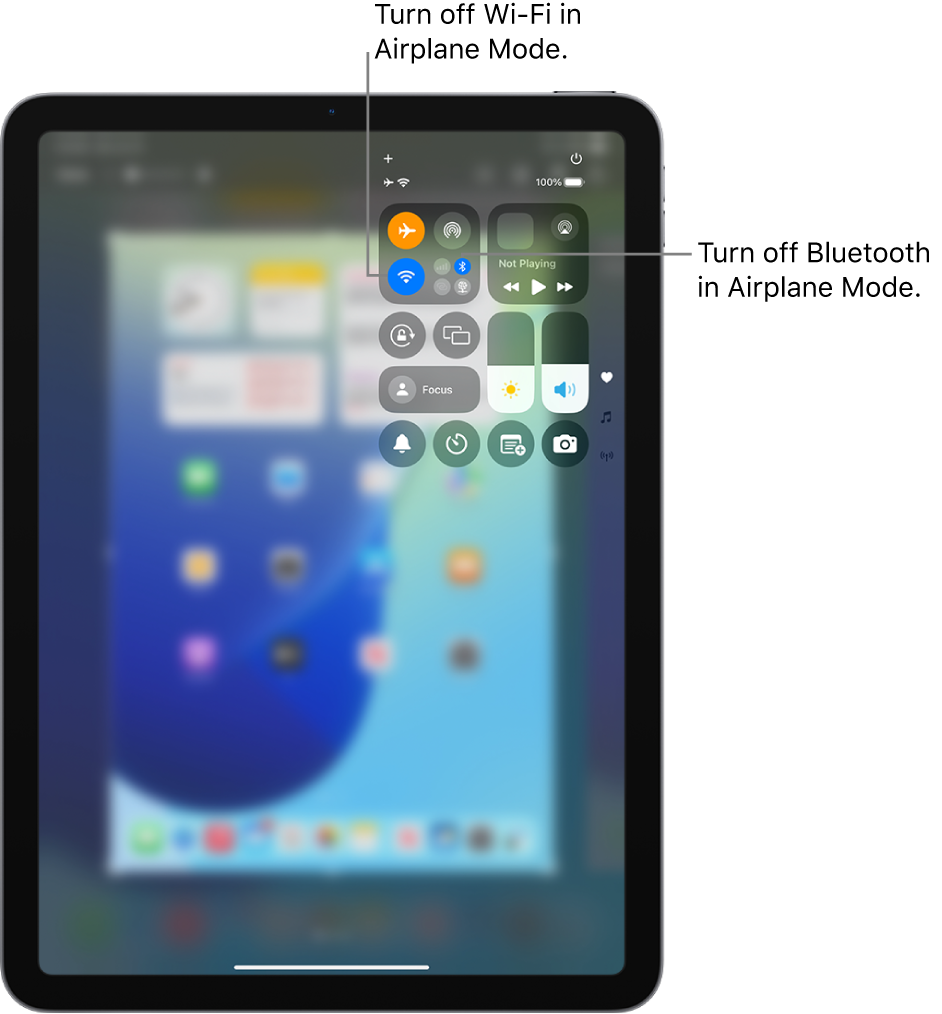 The iPad Control Center showing Airplane Mode turned on. The buttons for turning off Wi-Fi and Bluetooth are near the upper-left corner of Control Center. Tap the Bluetooth icon to turn off Bluetooth in Airplane Mode. Tap the Wi-Fi icon to turn off Wi-Fi in Airplane Mode.