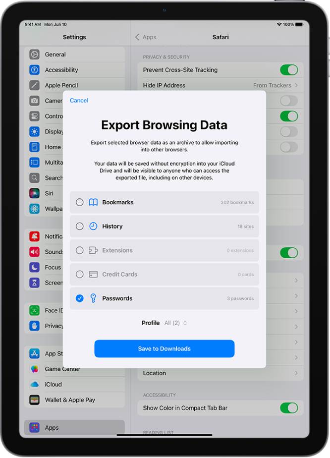 The Export Browsing Data screen, with the Passwords option selected for export to another password manager.