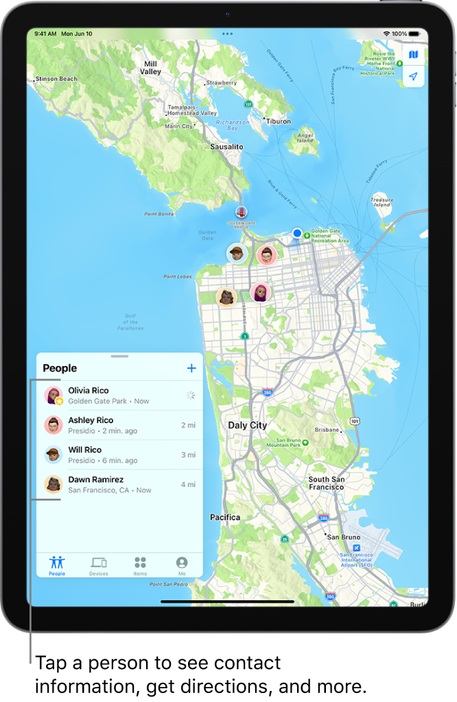 The Find My screen open to the People list. There are four people in the list: Ashley Rico, Olivia Rico, Dawn Ramirez, and Will Rico. Their locations are shown on a map of San Francisco.