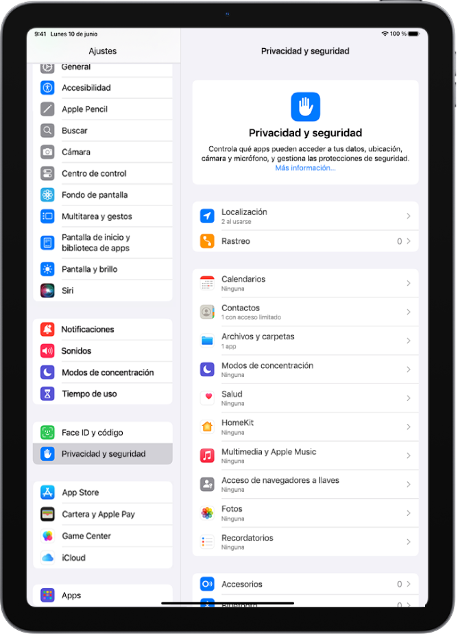 Ajustes de la función Localización en los ajustes de “Privacidad y seguridad”, con opciones para compartir la ubicación del iPad, incluidos ajustes personalizados para apps específicas.