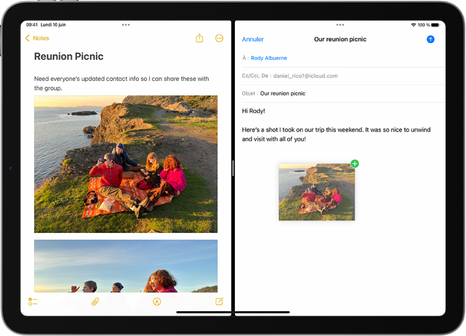 La fonctionnalité Split View avec l’app Notes ouverte sur la gauche et un e-mail ouvert sur la droite. Une photo est déplacée depuis Notes vers l’e-mail.