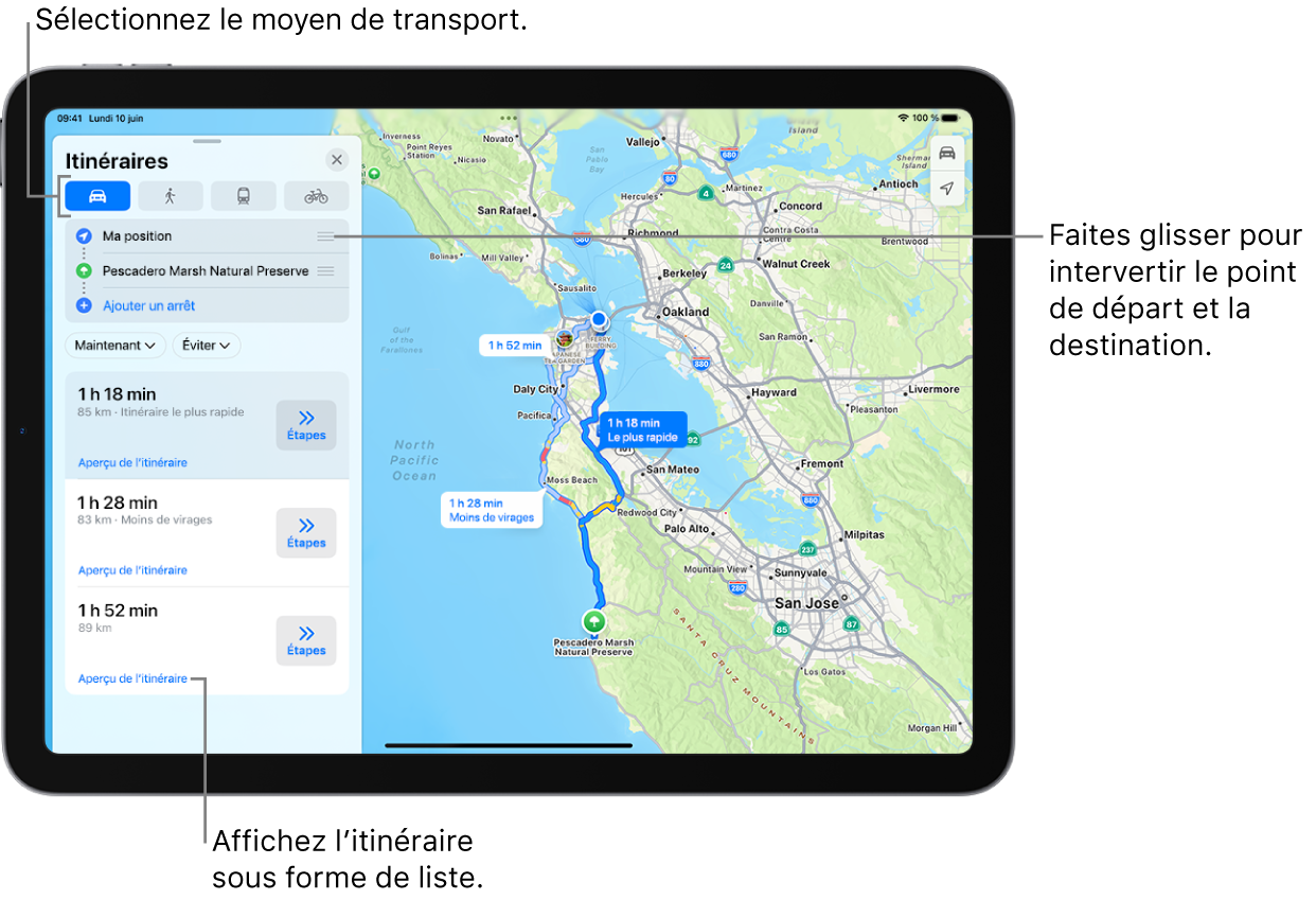 Un plan avec plusieurs itinéraires possibles en voiture entre « Ma position » et une destination.