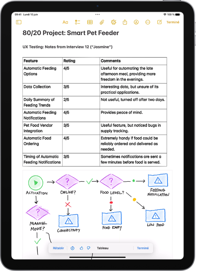 iPad affichant du texte organisé dans un tableau dans l’app Notes.