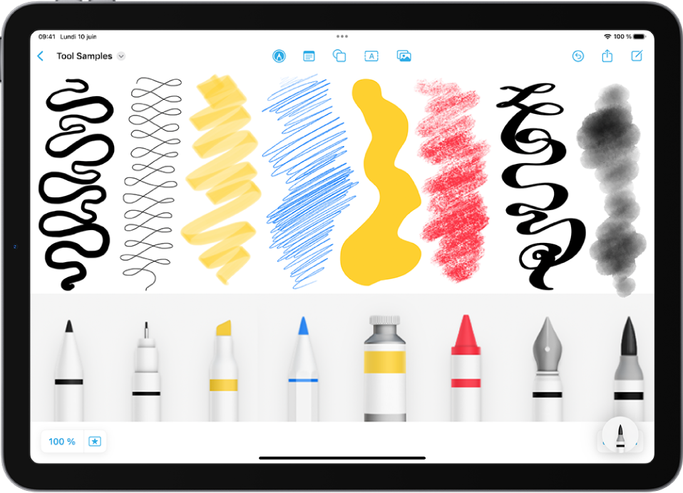 Certains outils de dessins Freeform et leurs traits : marqueur, stylo, surligneur, crayon, pastel, stylo-plume et pinceau d’aquarelle.