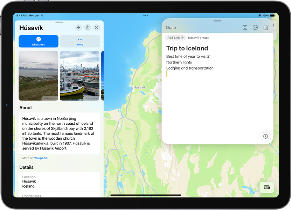 Egy gyorsjegyzet egy ablakrátétben Izland térképe fölött A jegyzetben szöveg található, valamint egy lehetőség, amellyel hozzáadhat egy térképre mutató linket a jegyzethez.