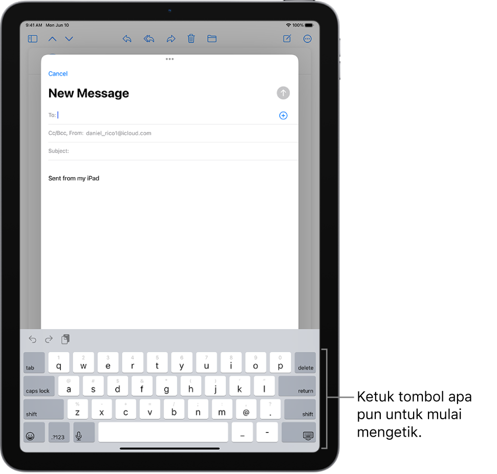 Email kosong terbuka di app Mail. Papan ketik pada layar berada di bagian bawah layar.