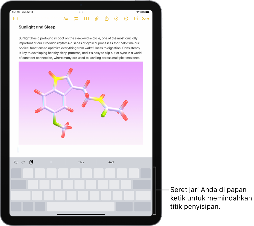 Dokumen terbuka di app Catatan. Papan ketik pada layar di bagian bawah layar dalam mode trackpad.