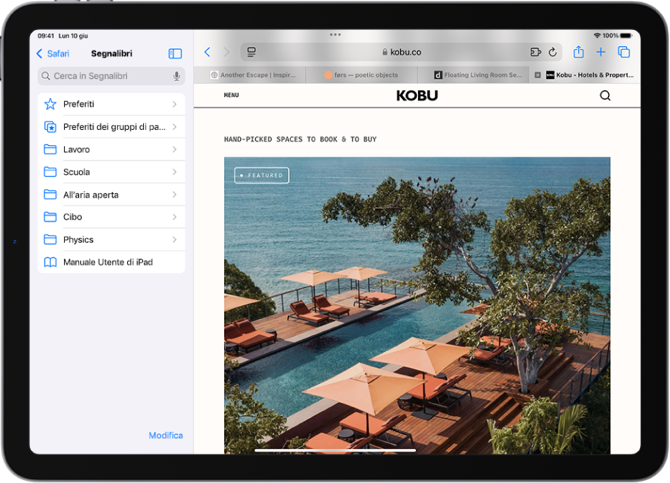 La barra laterale di Safari sul lato sinistro della finestra di Safari è aperta su Segnalibri. In alto è presente la cartella Preferiti. Sotto sono presenti altri segnalibri. Nell’angolo in basso a destra della barra laterale è presente il pulsante Modifica.