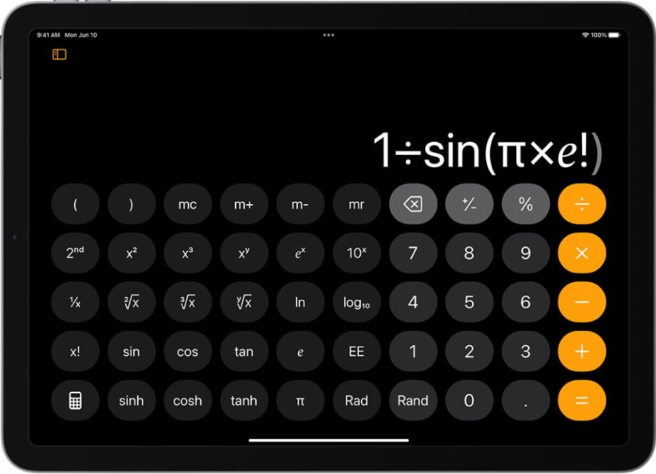 Um iPad mostrando a calculadora científica com funções exponenciais, logarítmicas e trigonométricas.