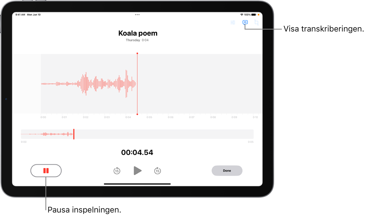 En röstmemoinspelning visar en vågform av den pågående inspelningen tillsammans med en tidsindikator, en knapp för att pausa inspelningen och en knapp för att visa transkriberingen.