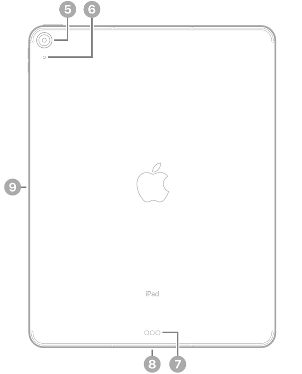 iPad Air 背面视图，标注指向左上方的后置相机和麦克风、底部中央的智能接点和 USB-C 接口以及左侧用于 Apple Pencil 的磁性接口。