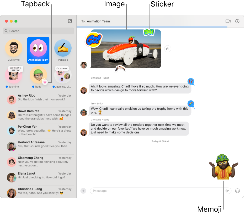 The Messages window with several conversations listed in the sidebar at the left, and a transcript showing on the right. A few items are highlighted in the transcript: a Tapback above a pinned conversation on the left, an image and Memoji on the right, and a Live Sticker in the lower-right corner. Click the Apps button at the bottom of the window to add photos, videos, #images, stickers and message effects.