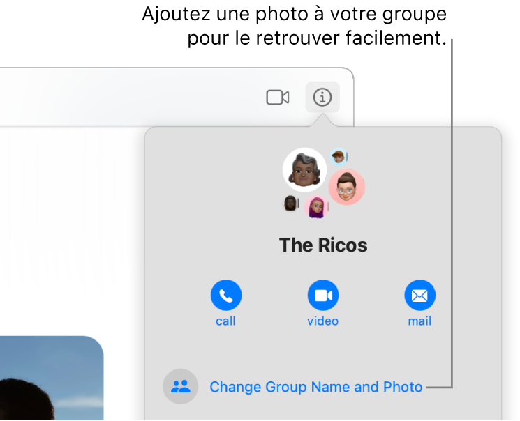 La vue Infos d’une conversation en groupe, qui s’affiche après que vous avez cliqué sur le bouton Infos dans une conversation, affichant les icônes des membres du groupe et le nom du groupe. Sous le nom du groupe figurent des boutons permettant de passer un appel FaceTime audio ou vidéo, ou d’envoyer un e-mail au groupe. Plus bas se trouve le bouton permettant de modifier le nom et la photo du groupe.