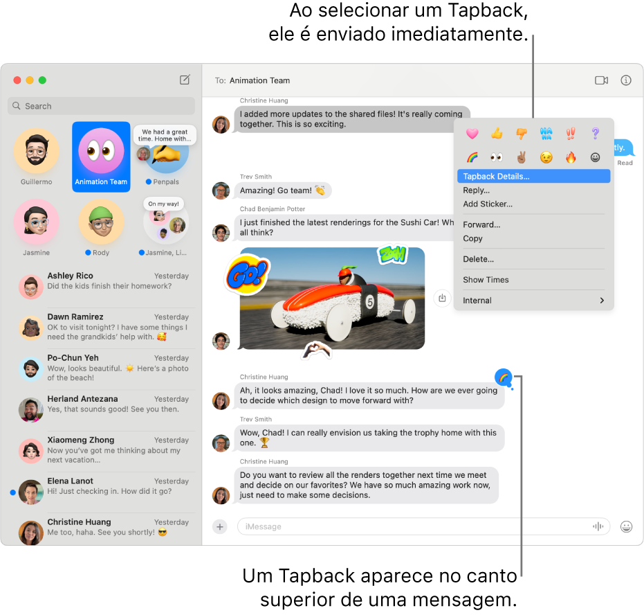 Um Tapback de emoji aparece no canto superior de uma mensagem, indicando sua resposta à mensagem. Um conjunto de opções de Tapback aparece em um menu. As opções incluem Tapbacks clássicos (coração, polegar para cima, polegar para baixo, Ha Ha, pontos de exclamação e ponto de interrogação), além de Tapbacks de emojis.