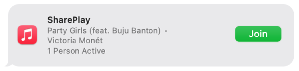 ข้อความที่มีคำเชิญให้เข้าร่วม SharePlay และฟังเพลงด้วยกัน