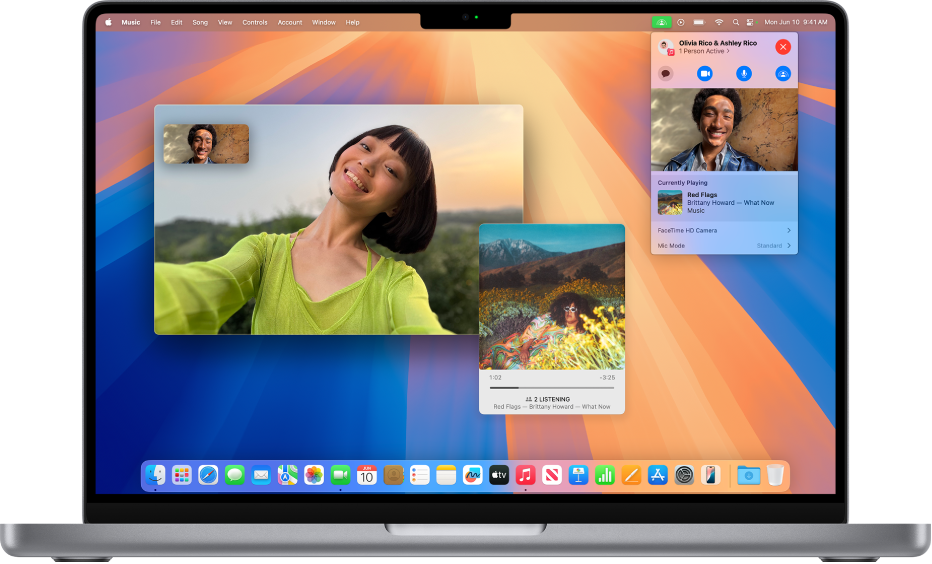 La fenêtre FaceTime affichant un appel dans lequel les participants utilisent SharePlay pour écouter un album ensemble.