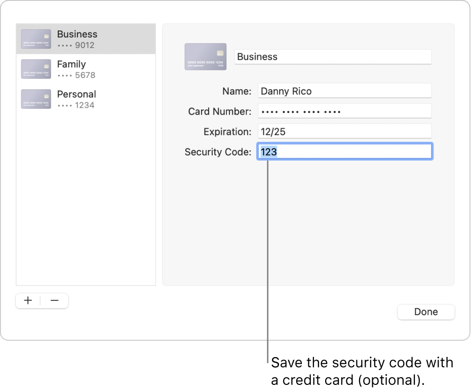 A credit card form with fields for entering the name, card number, expiration date, and security code.