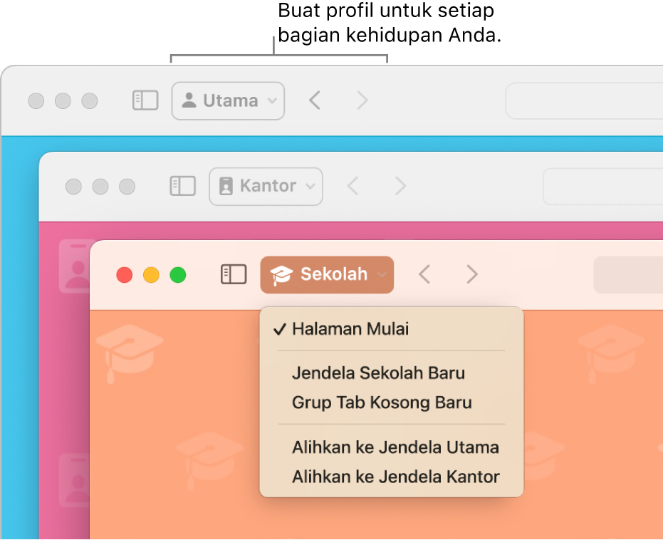 Tiga jendela profil Safari: satu untuk rumah, satu untuk kantor, dan satu untuk sekolah.