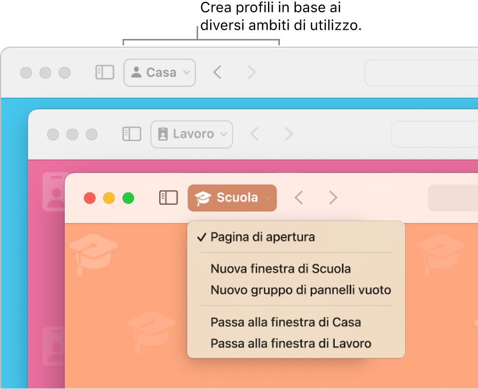 Le finestre di tre profili in Safari: uno per la casa, uno per il lavoro e uno per lo studio.