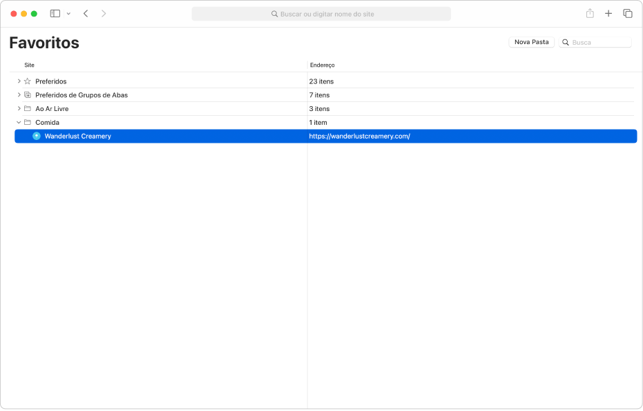 A janela Editar Favoritos no Safari.