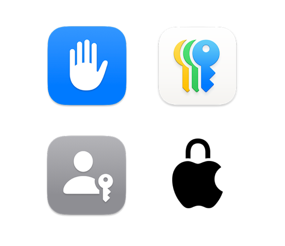 Vier Symbole, die „Datenschutz & Sicherheit“, die App „Passwörter“, „Passkeys“ und „Datenschutz“ bei Apple darstellen.