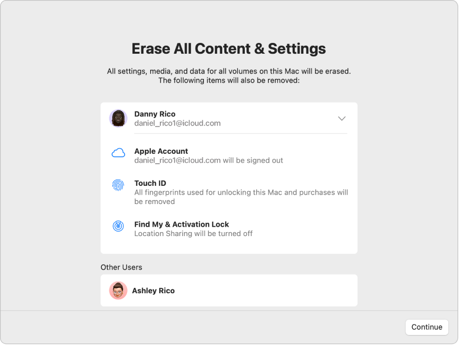 Το παράθυρο «Σβήσιμο όλου του περιεχομένου και ρυθμίσεων» του Βοηθού σβησίματος όπου φαίνονται πρόσθετα στοιχεία τα οποία θα αφαιρεθούν, συμπεριλαμβανομένων όλων των δαχτυλικών αποτυπωμάτων που χρησιμοποιούνται για το ξεκλείδωμα του Mac και την πραγματοποίηση αγορών.