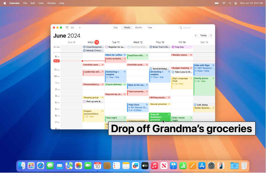 The Calendar app is open on the desktop, and the pointer is held over a calendar event. A large version of the text in the event is displayed.