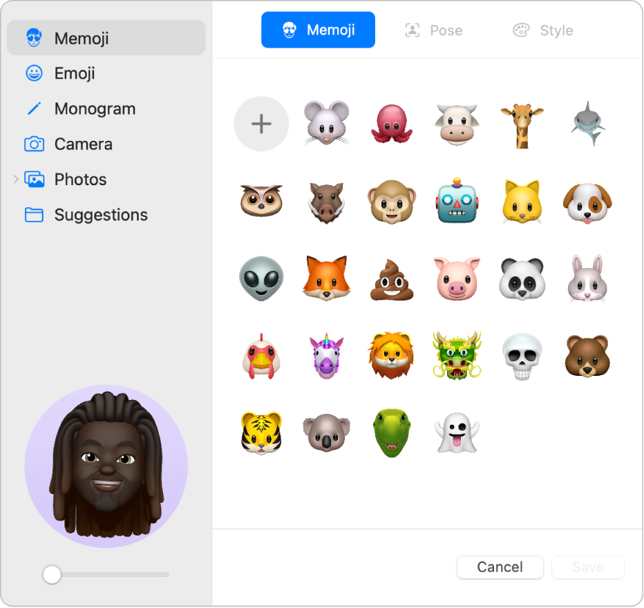 The Apple Account picture options. A list of picture options is in the sidebar, including Memoji, Monogram, Photos, and more. Memoji is selected, and a grid of Memoji is shown.