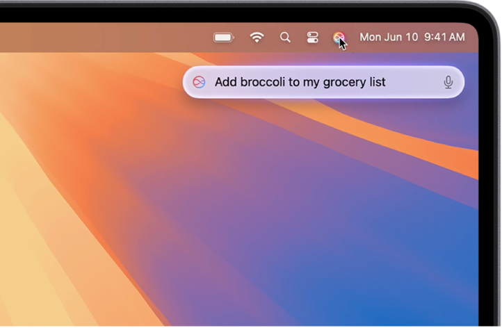 The top-right portion of the Mac desktop showing the Siri icon in the menu bar and the Type to Siri field with the request, “Add broccoli to my grocery list.”