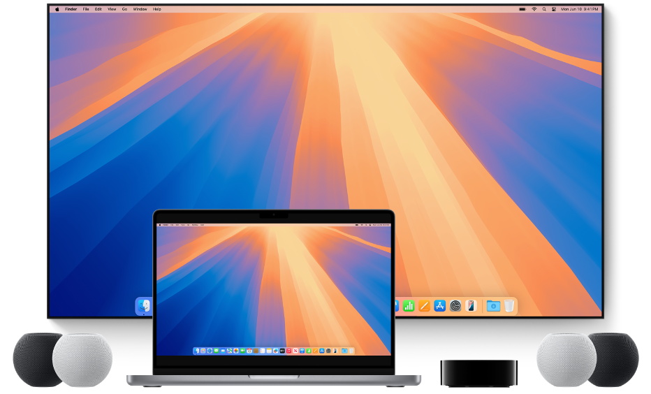 Un ordenador Mac y dispositivos a los que puede transmitir contenido mediante AirPlay (por ejemplo, un Apple TV, altavoces HomePod mini y un televisor inteligente).
