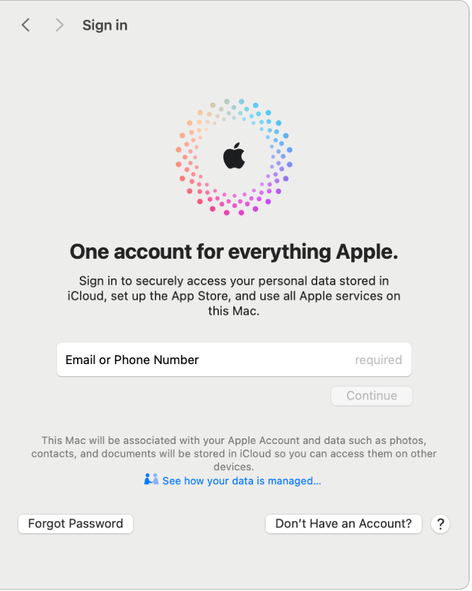 Sous-fenêtre de connexion au compte Apple comprenant un champ de texte pour saisir une adresse e-mail ou un numéro de téléphone.