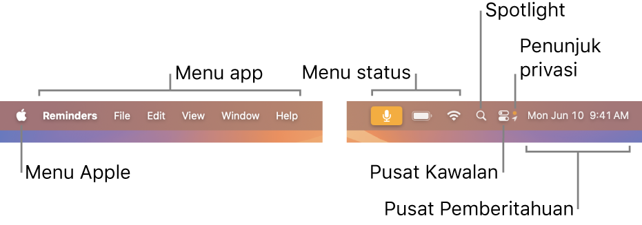 Bar menu. Pada sebelah kiri adalah menu Apple dan menu app. Di sebelah kanan ialah menu status, Spotlight, Pusat Kawalan, penunjuk privasi dan Pusat Pemberitahuan.