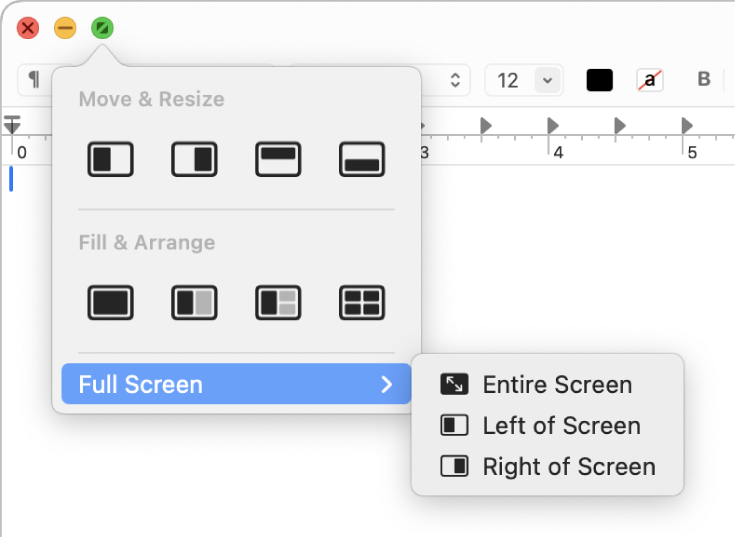 O menu que aparece quando mantém o cursor sobre o botão verde no canto superior esquerdo de uma janela.