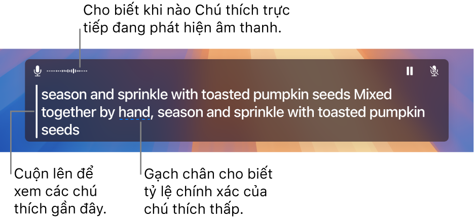 Bản chép lại trong thời gian thực của âm thanh micrô của máy tính được hiển thị dưới dạng văn bản có thể cuộn trong cửa sổ Chú thích trực tiếp. Một từ được gạch chân cho biết độ tin cậy thấp về độ chính xác của chú thích đó.