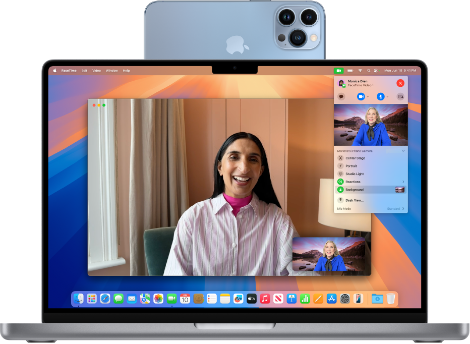 MacBook Pro 將 iPhone 用作網路攝影機並顯示 FaceTime 通話。