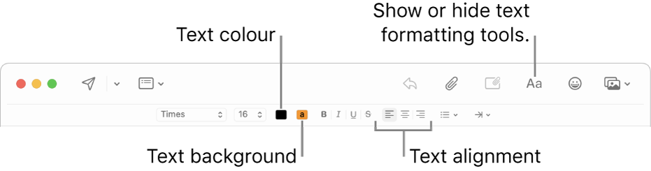 The toolbar and formatting options in a new message window indicating the text colour, text background colour and text alignment buttons.