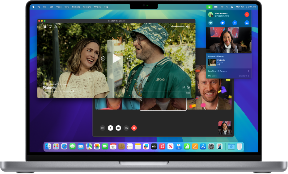 SharePlay sur un Mac affiché avec l’app Apple TV et un appel FaceTime.