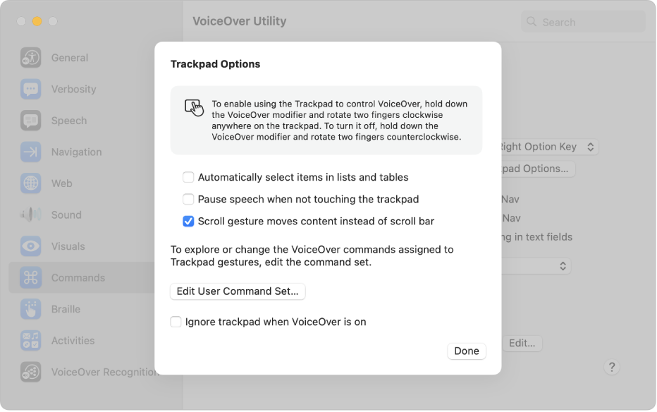 Een dialoogvenster in VoiceOver-programma met instellingen voor het gebruik van het trackpad om VoiceOver te bedienen.