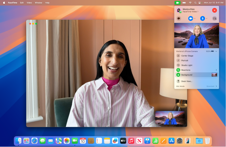 Una ventana de FaceTime mostrando una llamada de video. La persona que llama tiene seleccionada la opción Fondo en los controles de audio y video en la parte superior de la pantalla, y usa como fondo un paisaje con montañas.