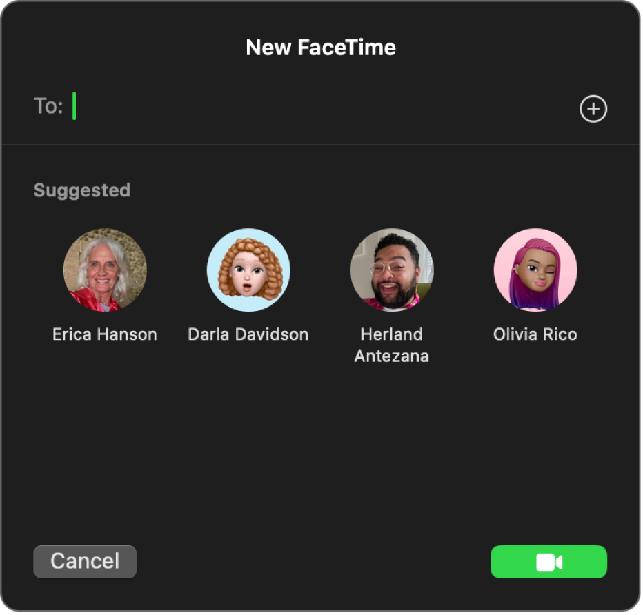 La ventana de “Nuevo FaceTime”: introduce las personas que van a participar en la llamada directamente en el campo A o selecciónalas en las sugerencias.