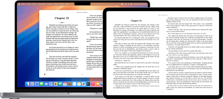 Un libro en la misma página en la app Libros en un iPad y una Mac.