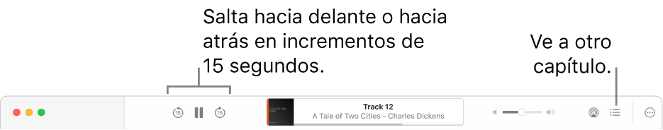 El reproductor de audiolibros de Apple Books mostrando, de izquierda a derecha, el botón Velocidad de reproducción, los botones para Avanzar, Pausar y Retroceder, el título y el autor del audiolibro que se está reproduciendo, el regulador Volumen, el botón AirPlay, el botón Tabla de contenido y el botón Más.