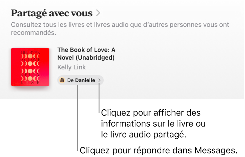 Fenêtre affichant un livre dans la section « Partagé avec vous ».