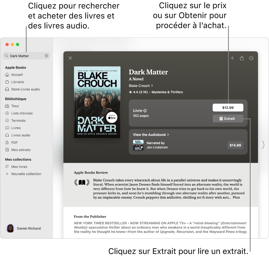 Une fenêtre avec le titre d’un livre dans la barre de recherche sur la gauche. La page du livre est affichée à droite, avec des options permettant d’acheter le livre ou le livre audio ou de lire un extrait. La fenêtre affiche également des avis ainsi qu’une note de l’éditeur.