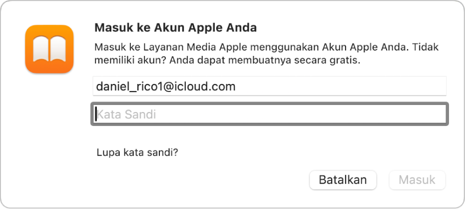 Dialog “Masuk ke Akun Apple Anda” di Buku.