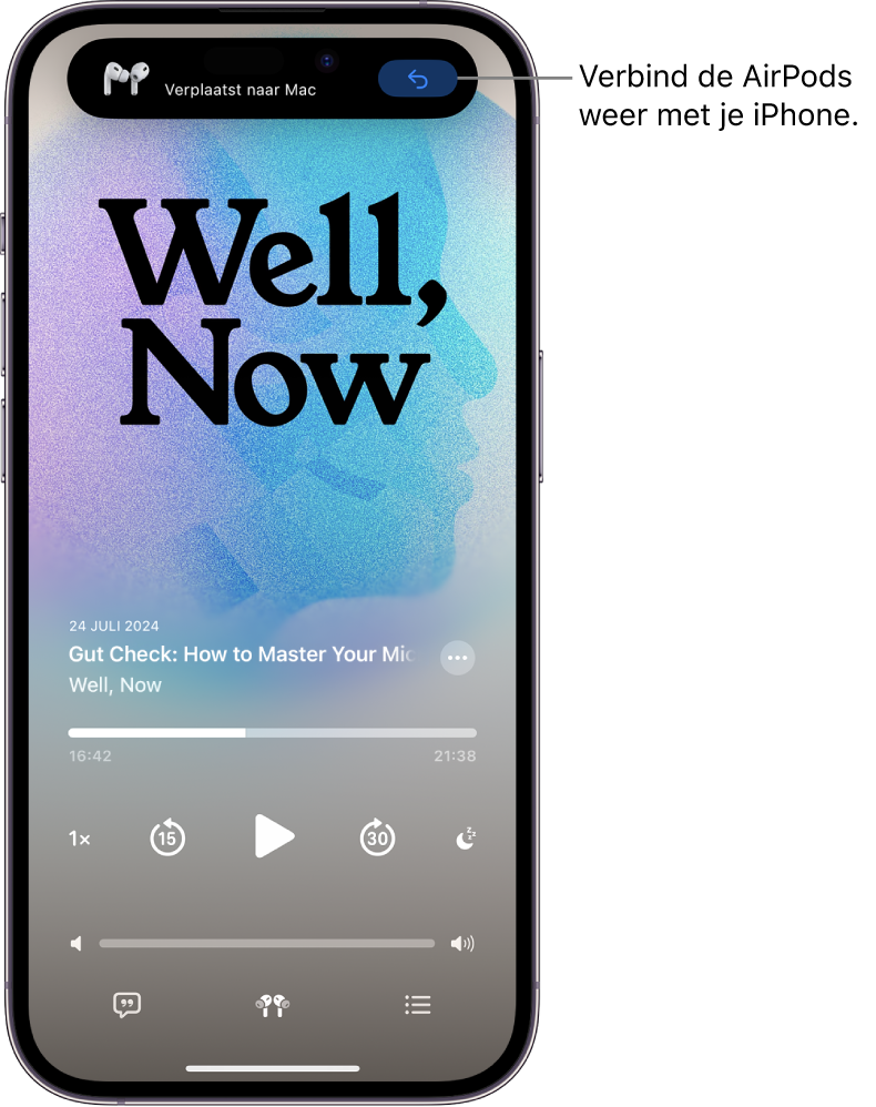 Het toegangsscherm op de iPhone, met bovenin het bericht "Verplaatst naar Mac" en een knop waarmee je de AirPods weer verbinding laat maken met je iPhone.