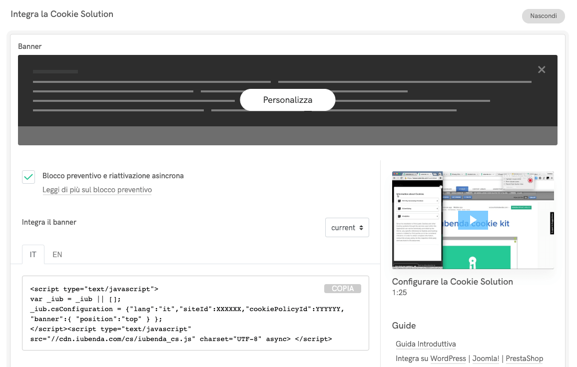 Integrazione della Cookie Solution