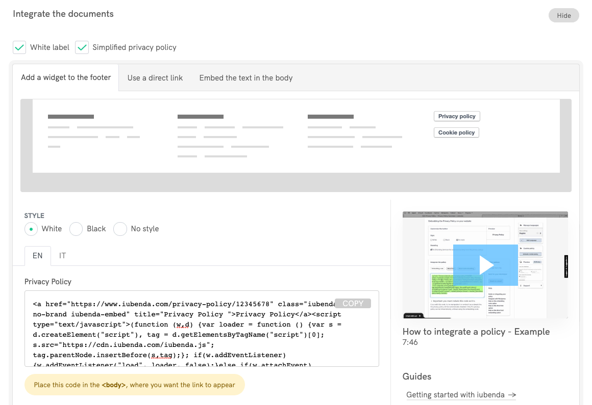 iubenda privacy policy - Add a widget to the footer