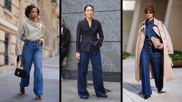 three fashionably dressed individuals in urban settings showcasing denim outfits